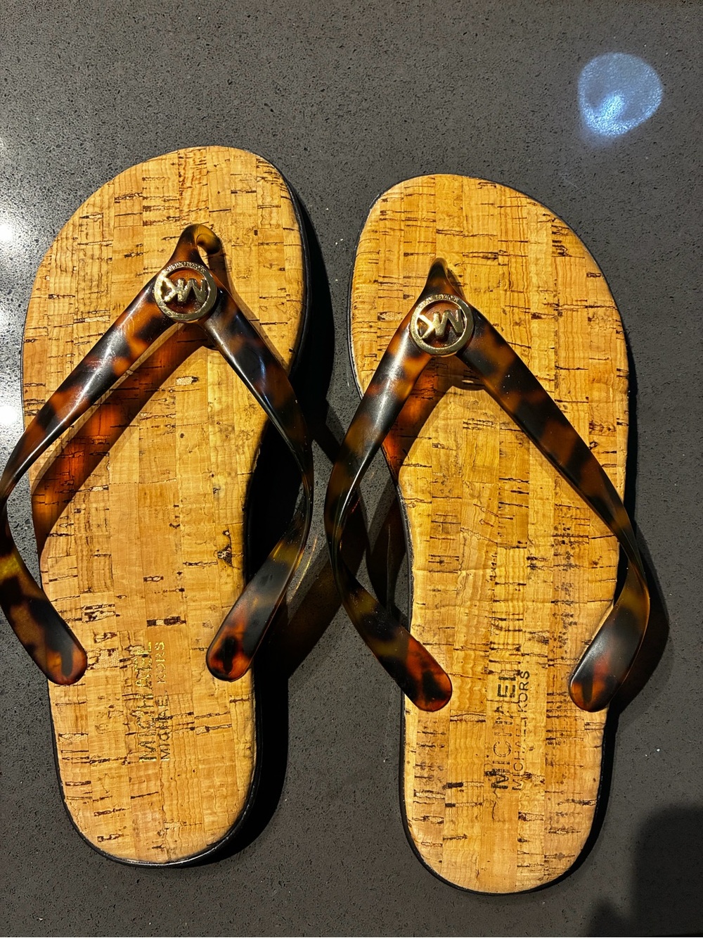 Michael Kors Men’s Tortoiseshell Strap Flip Flops with Gold MK Logo